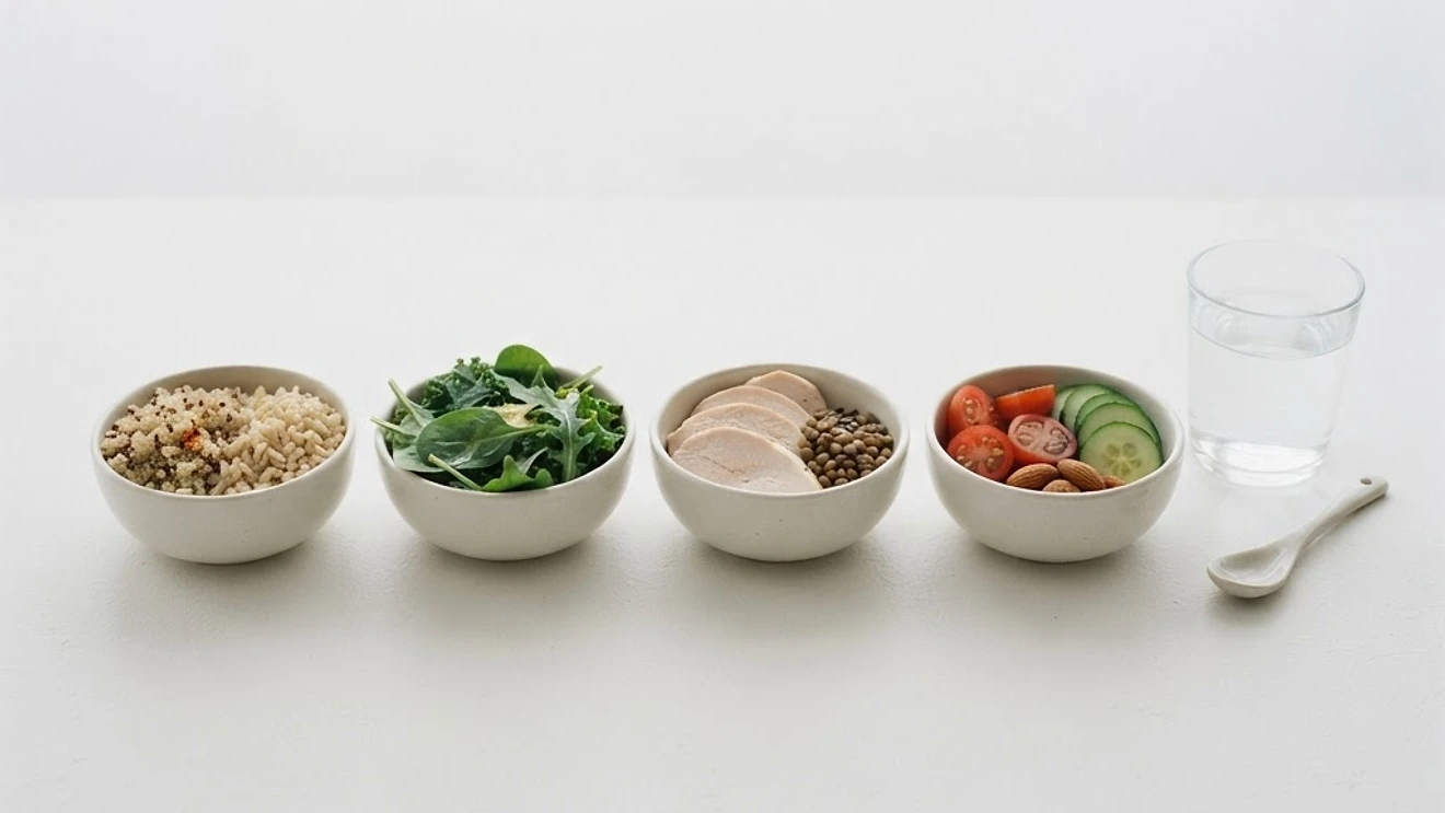 Tägliche NEA1-Nutritionsroutine — feines Pulver, Kapseln und ein Glas Wasser